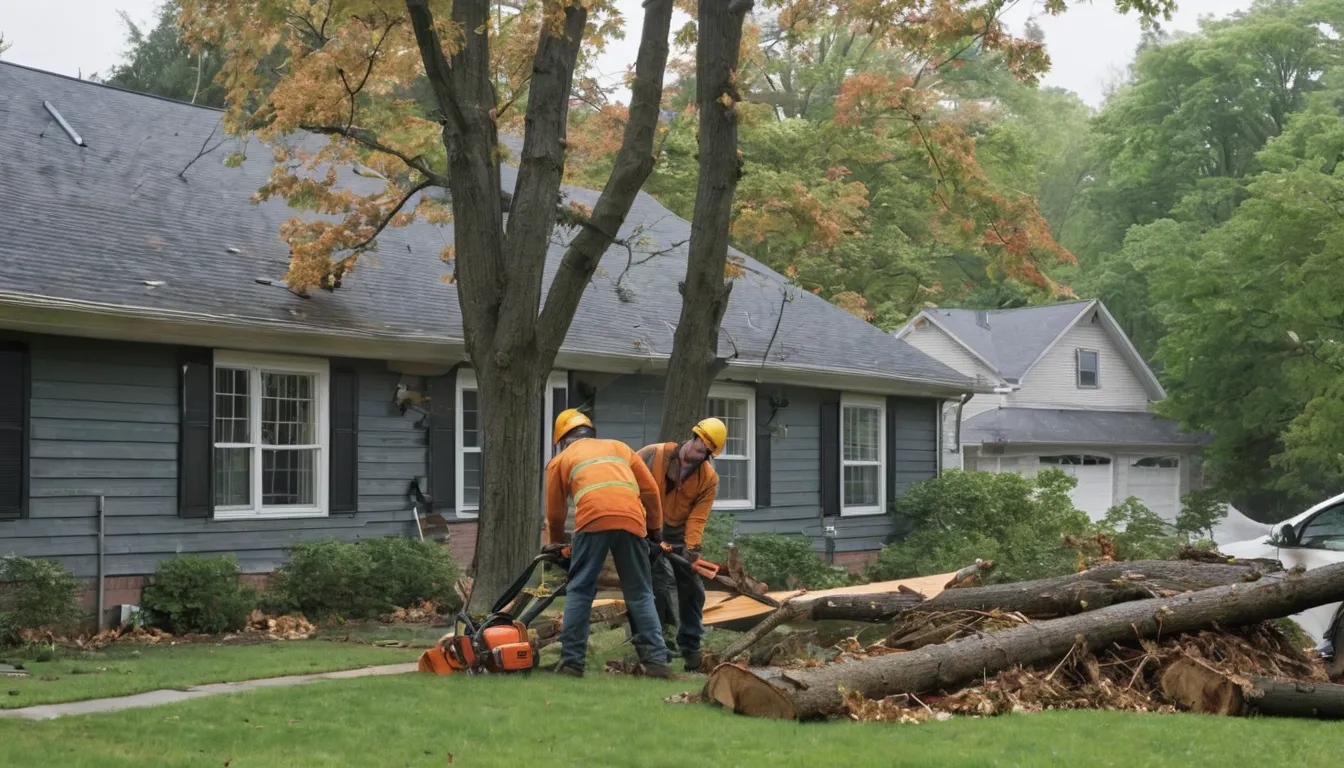 Local tree removal provider cutting a storm-fallen tree away from a house in Tinley Park