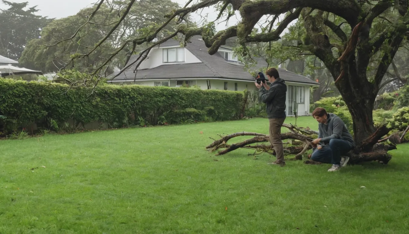 A homeowner taking photos of storm-damaged branches in the Tinley Park area