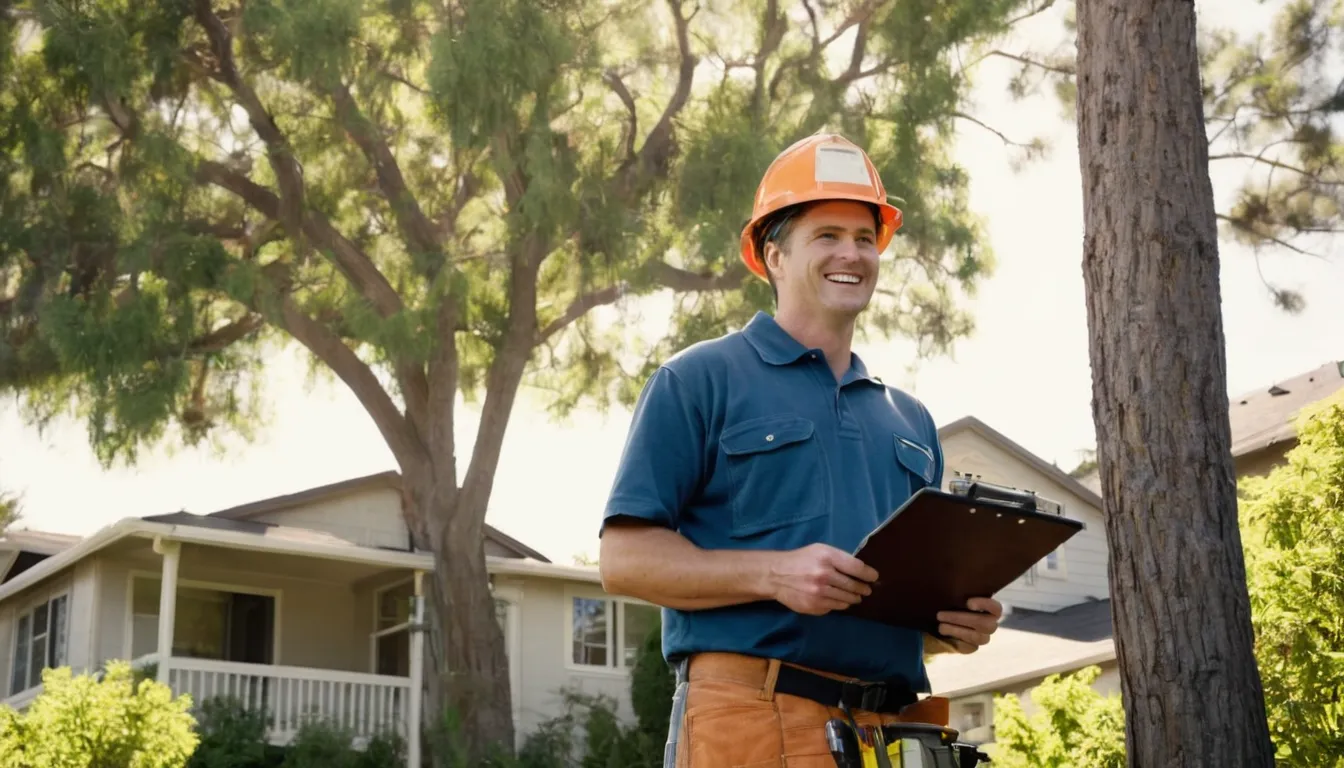 A friendly local tree removal provider reviewing a large backyard tree with a homeowner in Tinley Park